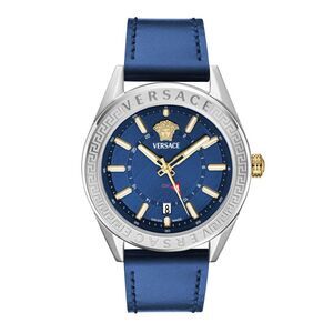 Versace V-Code GMT Leather Watch Silver Mens